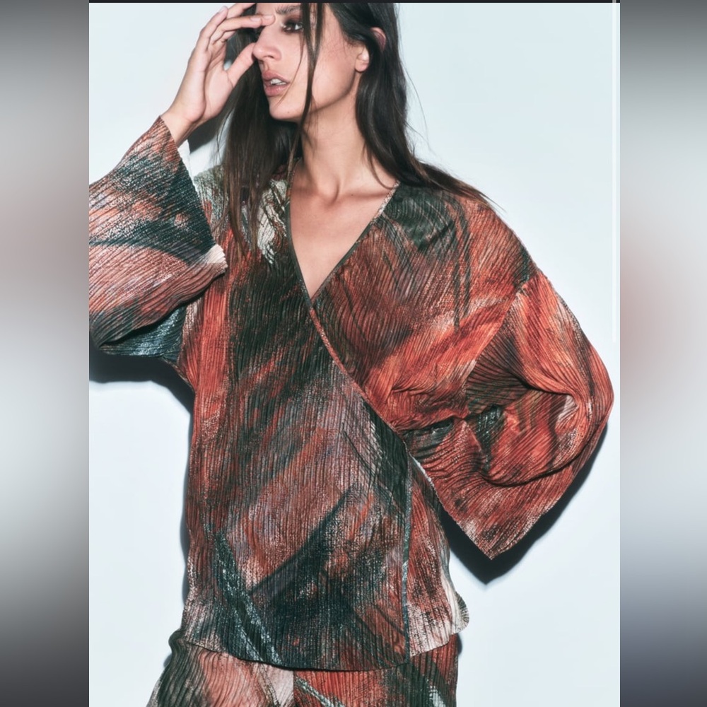 Zara Kimono Print Orange Wrap Blouse Top Pleated Size S